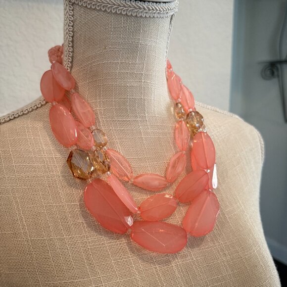 Salmon Pink Acrylic Bead 3 Strand Necklace - Picture 5 of 5